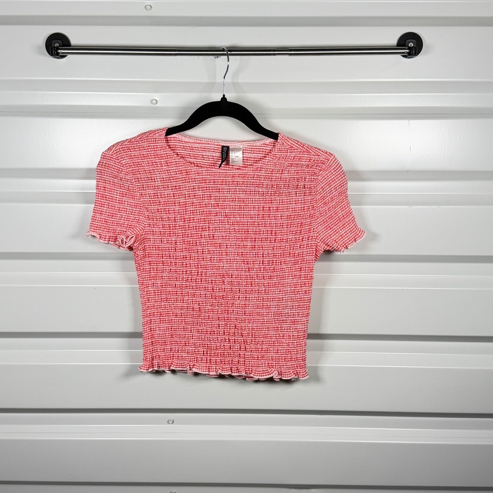 H&M Divided Crop Top Womens Small Red Gingham Smocked‎ Shirred Short Sleeve
